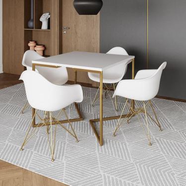 Imagem de Mesa Jantar Industrial Quadrada 90Cm Branca Base V Com 4 Poltronas Daw Brancas Base Dou Marrom