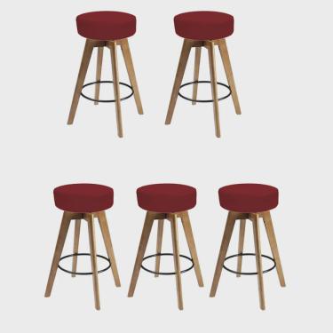 Imagem de Kit 05 Banqueta Alta Redonda Giratória Elsa Madeira Balcão Bistrô Cozinha Suede Vermelho - Ahz Móveis