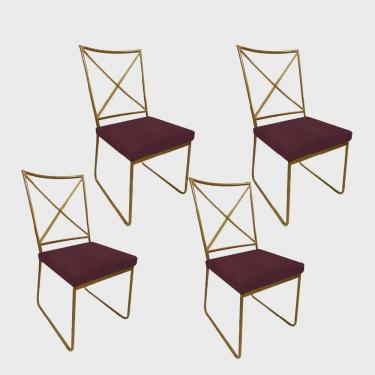 Imagem de Kit 04 Cadeiras Sala de Jantar Escritório Office Clark Industrial Ferro Dourado Suede Bordô - Ahz Móveis