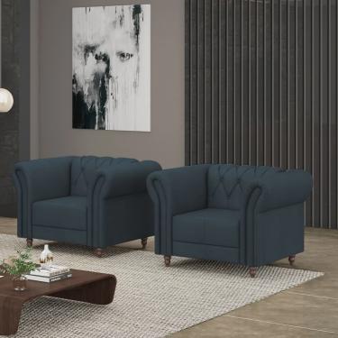 Imagem de Kit 2 Poltronas Decorativas Sala de Estar Stanford Chesterfield Pés de Madeira Couro Azul Marinho G58 - Gran Belo