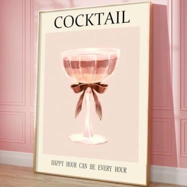 Imagem de Arte de parede de coquetel rosa pinturas de arco infantil pôster de bebida alcoólica imagem de carrinho de bar rosa impressão de happy hour imagens de bar estéticas vintage impressões de parede