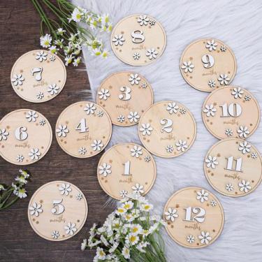 Imagem de Baby Monthly Milestone Cards Whaline 12 unidades 3D Daisy Wood