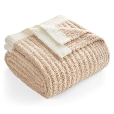 Imagem de Snuggle Sac Cobertor macio canelado bege para sofá, mantas luxuosas e aconchegantes de malha para todas as estações, cobertores neturais de microfibra quentes reversíveis para sofá, viagem, bege, 127