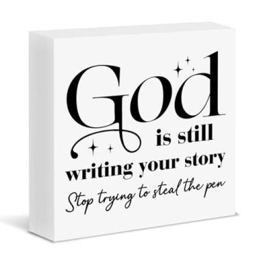 Imagem de Placa de madeira cristã versículo bíblico God Is Still Writing Your Story Wood Block Sign Home Office Desk Shelf Decor