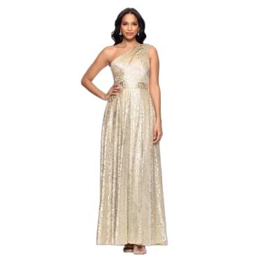 Imagem de Betsy & Adam Vestido feminino até o chão, um ombro, envoltório, papel alumínio, vestido floral, Champanhe/Ouro, 48