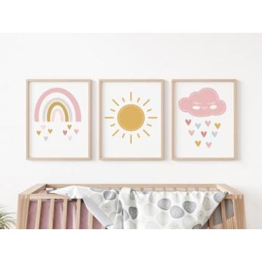 Imagem de Kit 3 Quadros Decorativos Sol Arco Iris Nuvem Rosa Quarto Bebê Decoraç