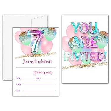 Imagem de Convites de aniversário do 7º balão arco-íris, cartões de convite de festa de aniversário com glitter dourado para crianças, lembrancinhas de festa de 7º aniversário e suprimentos de celebração (20