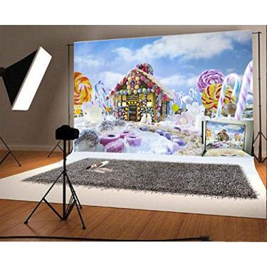 Imagem de Fundo fotográfico de vinil Laeacco de 3 x 2 m, Natal, casa de gengibre, bengalas de doces e doces, paisagem cercada, pirulitos, pano de fundo colorido para crianças, bebês, meninas, fotos, fotos,