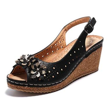 Imagem de Sandália plataforma plataforma plataforma com tira traseira vazada Peep Toe da Alexis Leroy, Preto, 6-6.5