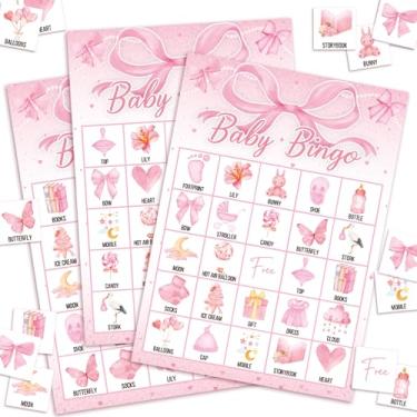 Imagem de JarThenaAMCS 27 peças de jogo de bingo para chá de bebê, 24 jogadores, rosa, tema de arco de coquete, cartões de bingo para família, amigos, recém-nascidos, atividades em grupo
