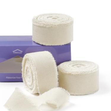 Imagem de FAKILO Fita de algodão rústico natural com borda desgastada, fita 100% algodão nude 2,5 cm x 18 m para buquês de casamento vintage, convites, chá de bebê, embrulho de presente, artesanato DIY