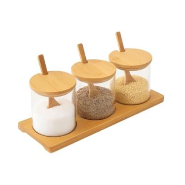 Imagem de Conjunto de Potes de Vidro com Tampa de Bambu, 320ml, 3 Peças com Base, Organizador para Temperos e Condimentos