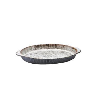 Imagem de Prato fundo de peixe cozido a vapor de orelha dupla de cerâmica oval retrô japonesa - prato de peixe de orelha dupla de 30 cm (padrão de pedra fosco)