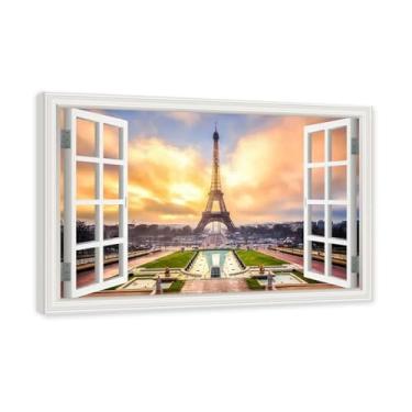 Imagem de NHLDZYH Janela de arte de parede impressa em tela. Visualização de janela falsa. Impressão de imagem natural em tela. Arte de cenário para decoração de sala de estar. (Vista da Torre Eiffel de Paris