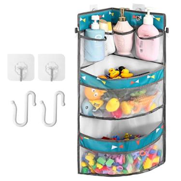 Imagem de Linkidea Bathtub Caddy for Kids Bath Toy Storage, Large Capacity Multi Grid Container Bag, Mesh Shower Hanging Bag with Adhesive Hooks, Net Organizer for Bathroom & Bedroom Décor (Grey)