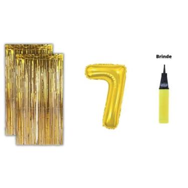 Imagem de Kit 2 Cortinas Metalizadas Balão Número+Bomba de Ar-Dourado - Partiufe