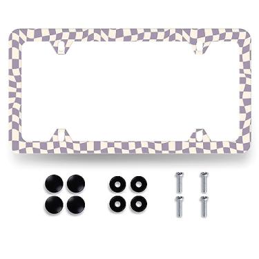 Imagem de Moldura de placa de carro xadrez roxo elementos de mosaico xadrez colorido placa de licença personalizada peças automotivas à prova de ferrugem aço inoxidável parafusos de decoração de capa de placa de licença engraçada 31 cm x 16 cm