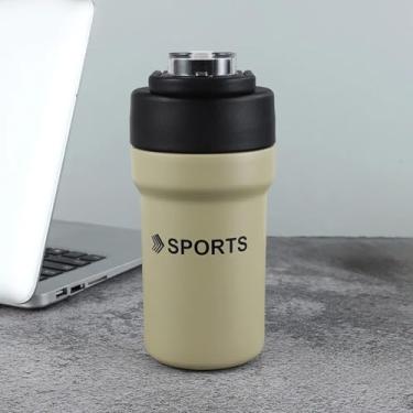 Imagem de Garrafa Térmica 500ml com Canudo, Aço Inoxidável, Tampa Flip, Alça de Transporte, 16,5x7cm, Bege