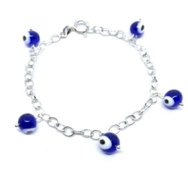 Imagem de Pulseira Em Prata 925 Maciça Cadeado com Olho Grego 3 Fios Italiana 19CM 4MM