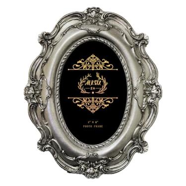 Imagem de ALKSIXZA Moldura oval vintage, 10 x 15 cm, moldura antiga, para exibição de mesa e decoração de parede (prata)