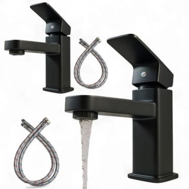 Imagem de Kit 2 Torneiras Monocomando Preta Banheiro Luxo Aço Inox Água Quente F