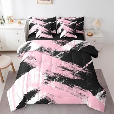 Imagem de jejeloiu Conjunto de edredom de arte abstrata com lençol Queen, moderno, geométrico, para meninos, meninas, adolescentes, branco, preto e rosa, para decoração de quarto