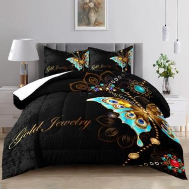 Imagem de Raphus cucullatus Conjunto de edredom Queen com borboleta azul, borboleta azul, decoração de quarto Paris, edredom gótico preto, preto e dourado, decoração de quarto Paris