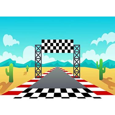 Imagem de Loccor 2,1 x 1,5 m Tecido Linha de Acabamento Pano de Fundo de Pista de Corrida Desenho Animado Deserto Montanha Carro de Corrida Tema de Corrida Infantil Festa de Aniversário Esportiva Competição