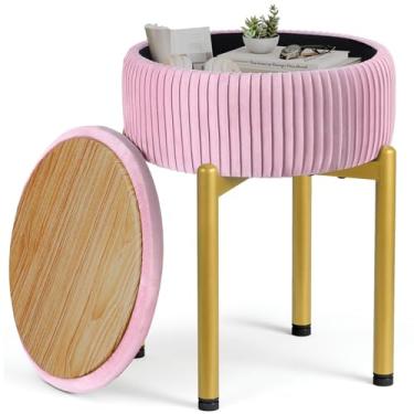 Imagem de Memobarco Banqueta de veludo de 45 cm com armazenamento, banco de vaidade com 4 pernas de metal dourado e pés ajustáveis antiderrapantes, banco otomano de armazenamento redondo com assento acolchoado
