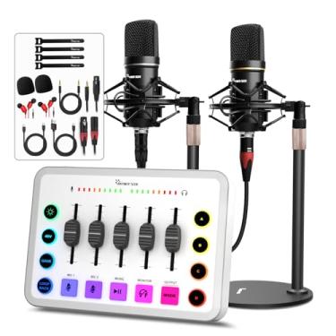 Imagem de Pacote de equipamento de podcast para 2, interface de áudio de streaming com 5 canais, interface de microfone XLR, RGB, Phantom Power de 48 V, perfeito para jogos, podcasts, gravação, TikTok-Branco