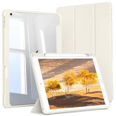 Imagem de JKSML Capa para iPad 9ª/8ª/7ª geração de 10,2 polegadas, capa com suporte para lápis para iPad 9/8/7 2021/2020/2019, capa traseira rígida, despertar/hibernar automaticamente, branco creme