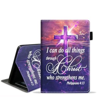 Imagem de FQTBCEARI Capa para tablet Amazon Fire HD 10 (10,1 polegadas, 9ª/7ª geração, versão 2019/2017), capa fina de couro PU com slot para cartão e despertar/hibernar automaticamente, versículos bíblicos com