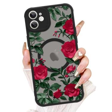 Imagem de AIGOMARA Capa para iPhone 12, compatível com MagSafe, linda estampa de flor rosa com capa de telefone fosca semitransparente para mulher Gilrs TPU macio e PC capa protetora traseira fina vermelha