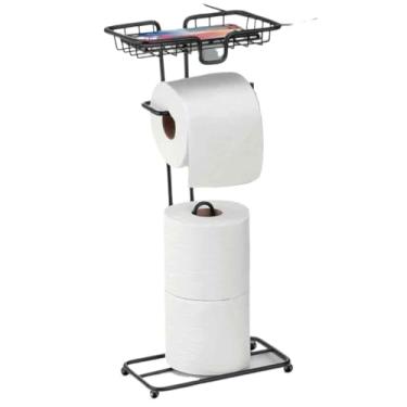 Imagem de Porta Papel Higiênico De Chão Com Suporte Para Celular Dourado Preto Cromado(Preto Fosco)