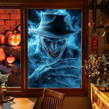 Imagem de HOMETITUTE Película para janela de Dia das Bruxas, 78 x 129 cm, filme de monstro assustador, janela azul, garra fantasma, janela, adesivo, decoração de Halloween, painel de vidro, sala de estar