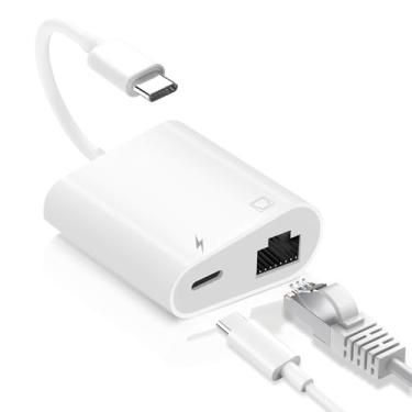 Imagem de MTIQHS Adaptador USB C para Ethernet, adaptador Ethernet 2 em 1 USB C para RJ45 com porta de carregamento 60W tipo C PD suporta 100 Mbps, rede LAN compatível com iPhone16/15, MacBook e Android