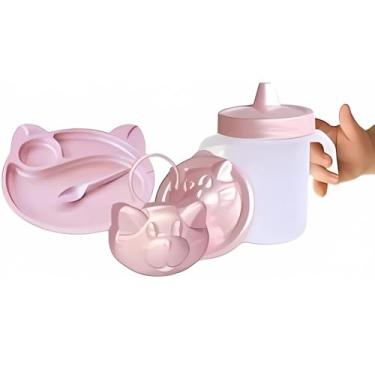 Imagem de Kit 3 Itens Introdução Alimentar Bebê Baby Copo com Tampa 350ml Prato com Divisórias e Porta Chupeta Ideal para Passeios (Rosa Perolado)