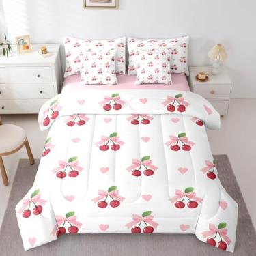 Imagem de Erosebridal Jogo de cama com laço de cereja em uma bolsa, desenho fofo de frutas, 7 peças, conjunto de edredom kawaii com laço e lençol solteiro para decoração de quarto de meninas adolescentes e