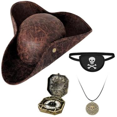 Imagem de Zddaoole Brown Pirate Hat,Renaissance Pirate Tricorn Hat set,Novelty Pirate Hat with Eye Patch & Necklaces for Male Female Halloween Cosplay,Decoration Accessories