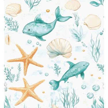 Imagem de Papel de parede branco descascar e colar azul aquarela peixe estrela do mar papel de contato 44,5 cm x 299,7 cm papel de parede do mar autoadesivo removível à prova d'água para quarto de crianças