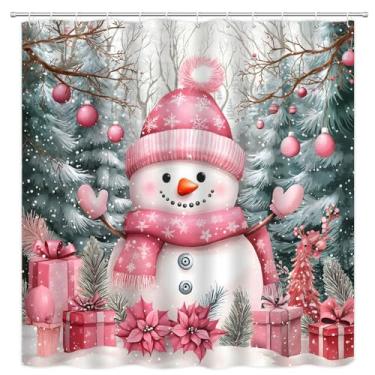 Imagem de PZMPZM Cortina de chuveiro de boneco de neve de Natal rosa para inverno, floresta nevada, pinheiro, bolas de Natal, floco de neve, casa de banho, férias de inverno, cortinas de tecido de poliéster com