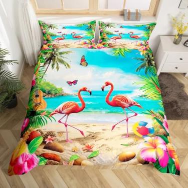 Imagem de Conjunto de capa de edredom Sea Beach, tamanho king, folhas de palmeira do oceano azul de verão, capa de edredom reversível com 2 fronhas, rosa flamingo verde planta microfibra (não edredom)