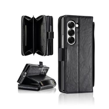 Imagem de Capa para Samsung Galaxy Z Fold 6 com suporte para caneta S – Capa carteira RFID com compartimentos para cartões e dinheiro, suporte, fecho magnético, vidro temperado e alça de pulso (preta, Samsung