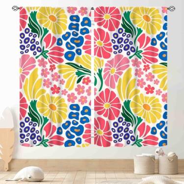 Imagem de Cortinas florais Boho anos 70, retrô, abstrata, hippie, descolada, colorida, brilhante, tríplice para quarto, sala de estar, cozinha, banheiro, janela, 2 painéis, 107 x 114 cm