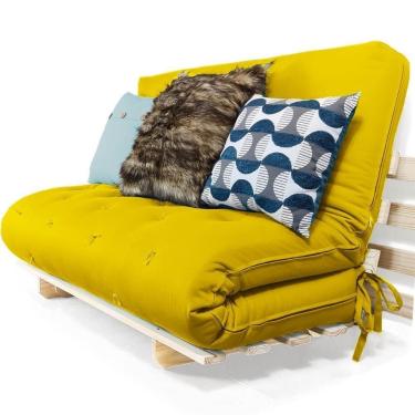 Imagem de Sofa Cama Casal Futon Oriental Amarelo Com Madeira Maciça.