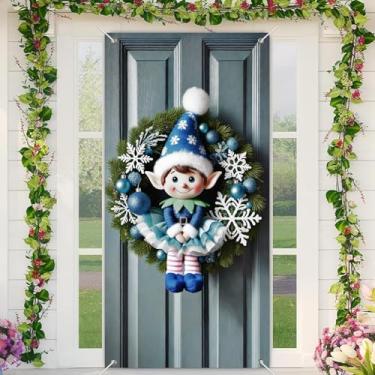 Imagem de BlissYard Banner de porta de feliz Natal de elfo azul 89 x 189 cm, decoração de boas-vindas de inverno com grinalda de floco de neve, ornamentos de meia-calça listrada e pinheiro para entrada de