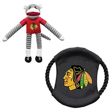 Imagem de Littlearth Conjunto de brinquedos para animais de estimação NHL Chicago Blackhawks com macaco e disco voador