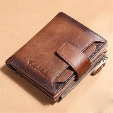 Imagem de Carteiras Masculinas Com Bolso Para Moedas Zip Casual Curto Três Dobras Pequena Carteira Novo Couro Masculino Carteiras Titular Do Cartão Saco De Dinheiro Da Moeda, Red Brown