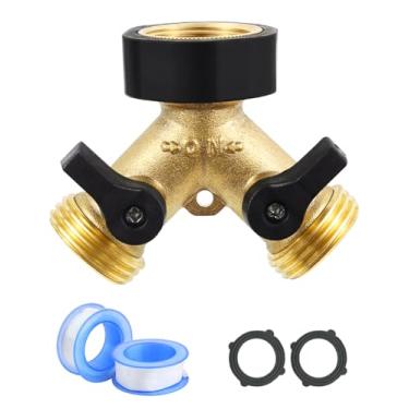 Imagem de Divisor de mangueira de jardim 2 vias conector de mangueira de latão resistente 3/4 divisor de torneira externa com 2 válvulas de fechamento, divisor de babador de mangueira dupla Y divisor de