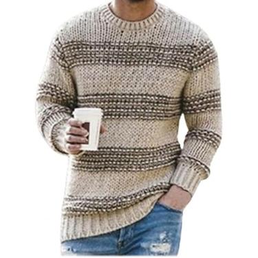 Imagem de Suéter De Malha Macia Pulôveres Confortáveis Manga Longa Suéter Masculino Listrado Estampado Casual Gola Redonda Pulôver De Malha Elástica Roupa De Rua, Khaki, XXL